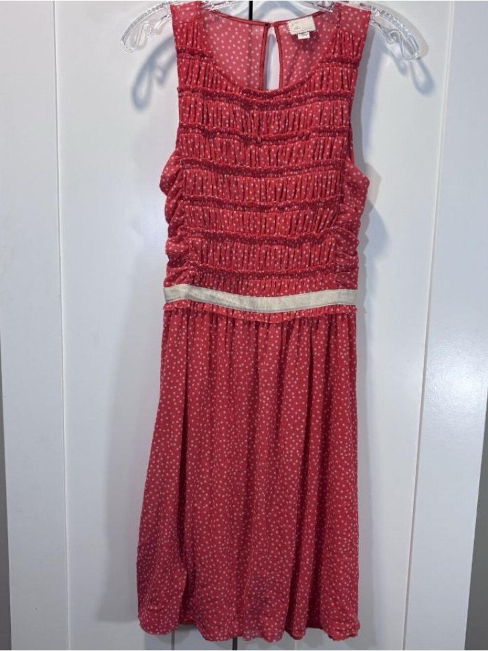 Anthropologie Postmark Polka Dot Fit & Flare Red Dress Ruffle Ruched Women’s XS